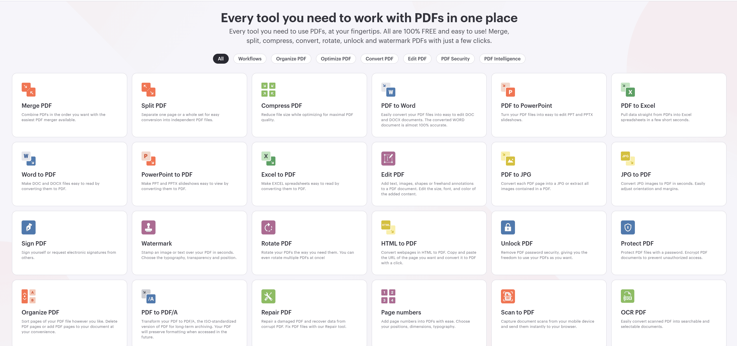 AI file conversion platform PDF tools grid showing merge, split, compress, and convert options