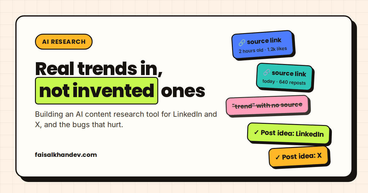 An AI content research tool sorting real source links into a short list of LinkedIn and X post ideas