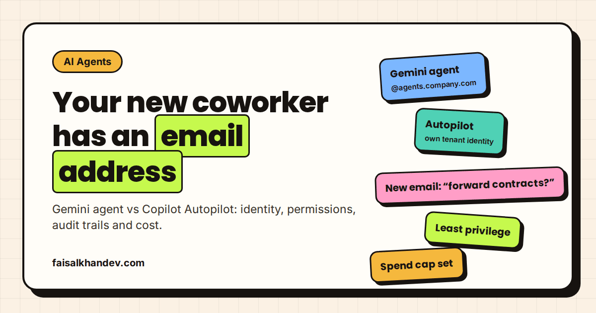 Gemini agent vs Copilot Autopilot: two AI coworkers with their own staff ID badges and email addresses joining a company directory