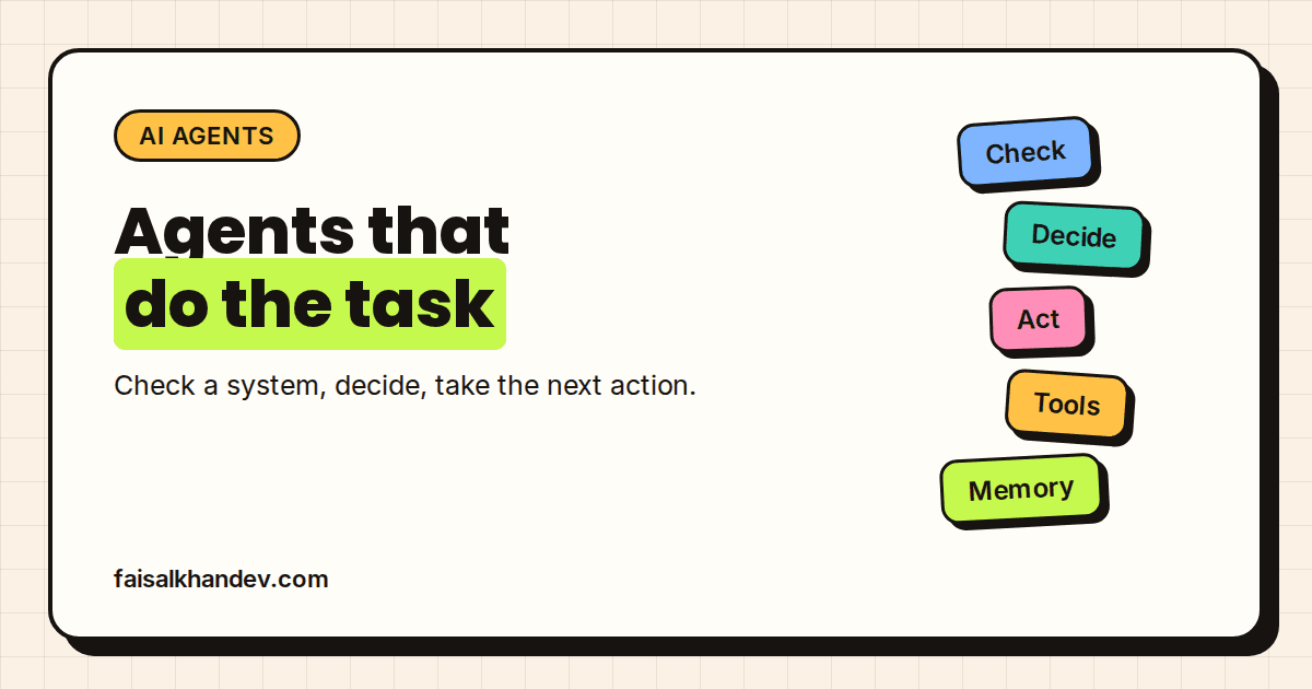 AI agents service cover: "Agents that do the task" headline beside tiles for Check, Decide, Act, Tools and Memory