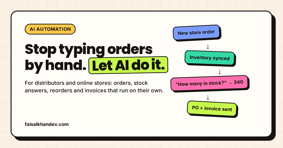 AI automation for distributors and online stores cover: "Stop typing orders by hand. Let AI do it." beside a flow of new store order, inventory synced, stock answer and purchase order sent
