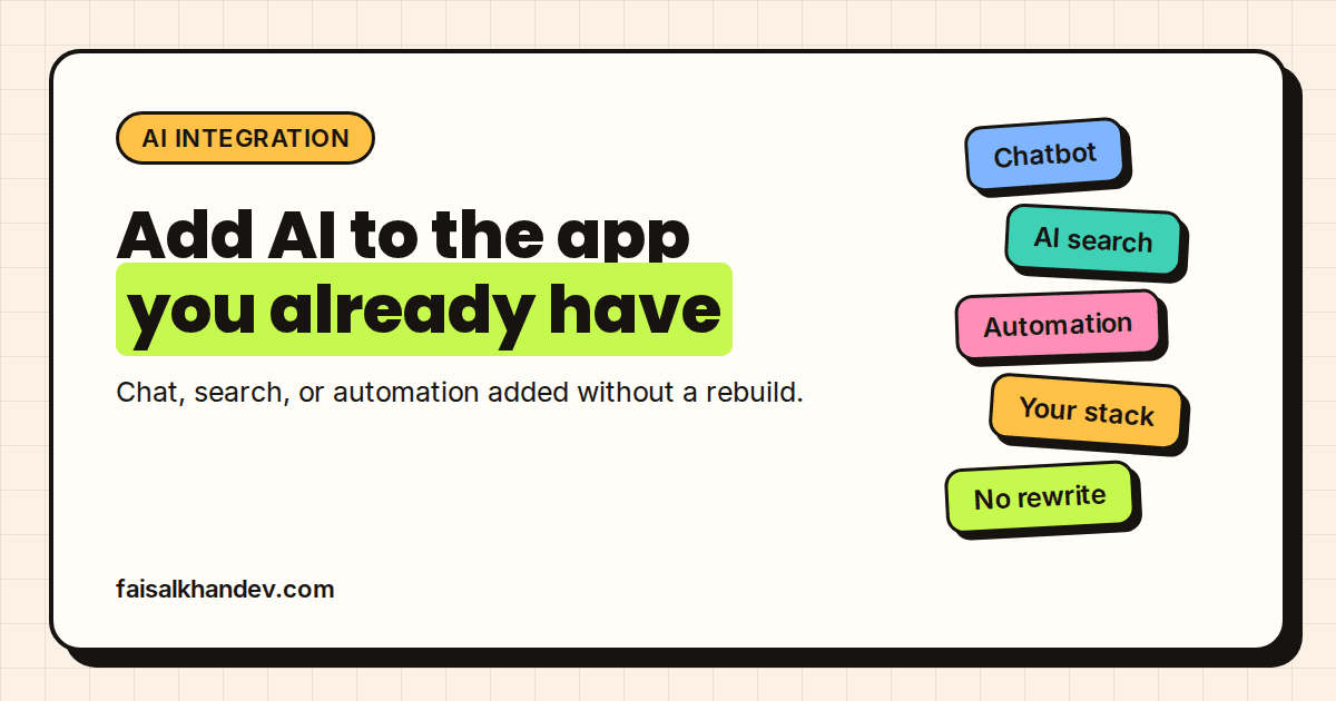 AI integration service cover: "Add AI to the app you already have" headline beside tiles for Chatbot, AI search, Automation, Your stack and No rewrite