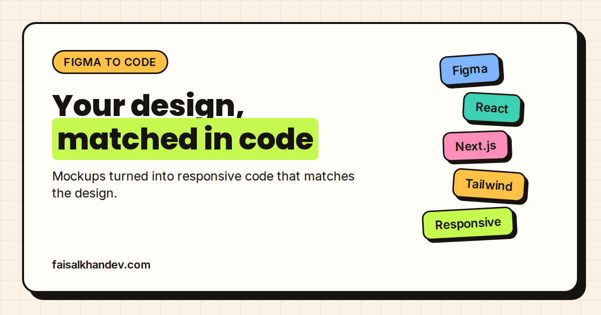 Figma to code service cover: "Your design, matched in code" headline beside tiles for Figma, React, Next.js, Tailwind and Responsive