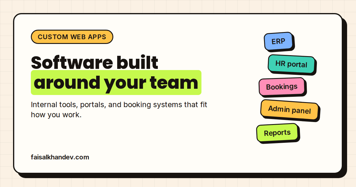 Custom web apps service cover: "Software built around your team" headline beside tiles for ERP, HR portal, Bookings, Admin panel and Reports