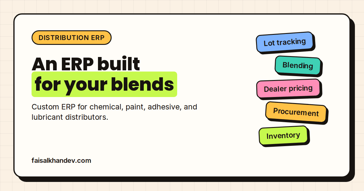Distribution ERP service cover: "An ERP built for your blends" headline beside tiles for Lot tracking, Blending, Dealer pricing, Procurement and Inventory