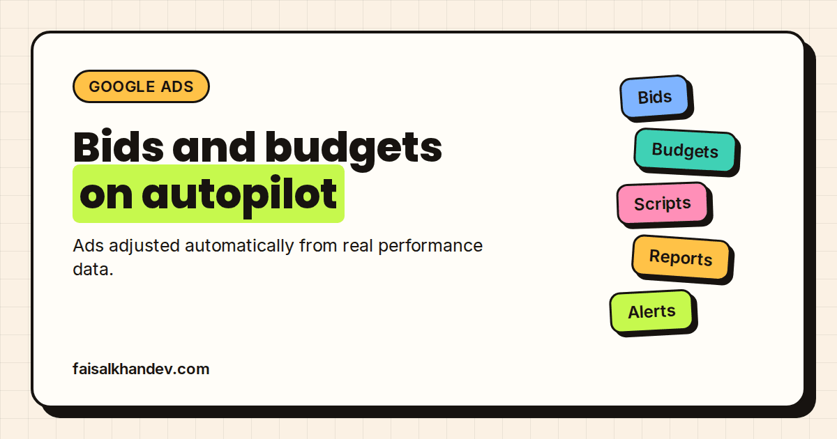 Google Ads service cover: "Bids and budgets on autopilot" headline beside tiles for Bids, Budgets, Scripts, Reports and Alerts