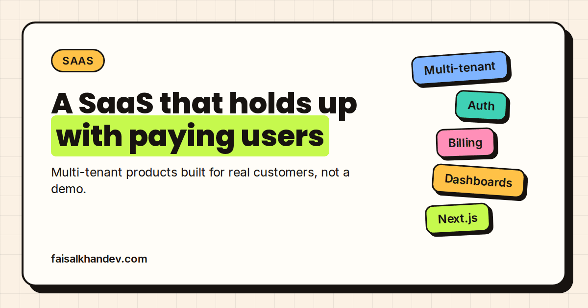 SaaS service cover: "A SaaS that holds up with paying users" headline beside tiles for Multi-tenant, Auth, Billing, Dashboards and Next.js